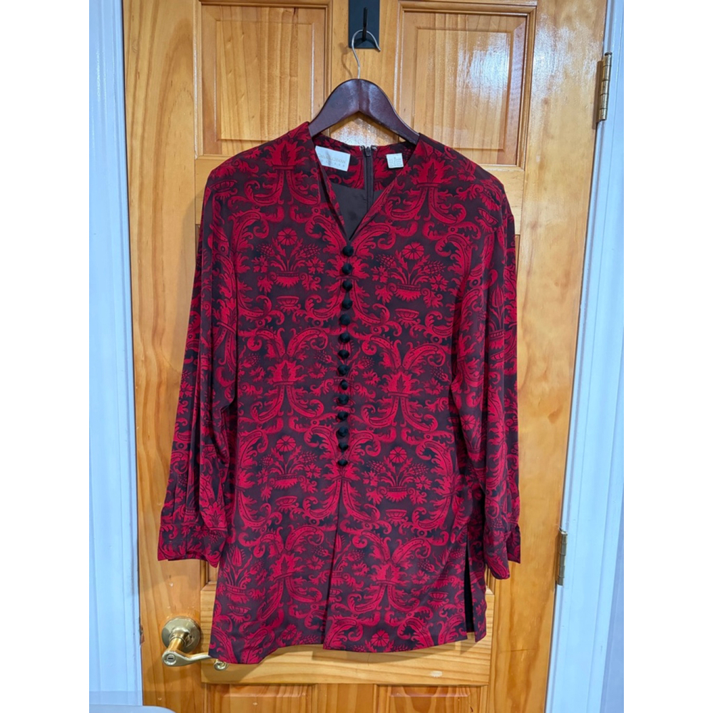 Dana Buchman Silk Jacquard Blouse Red Black Holiday Evening Top 4